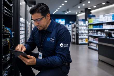 Técnico de TIIM CORP validando instalación en sucursal