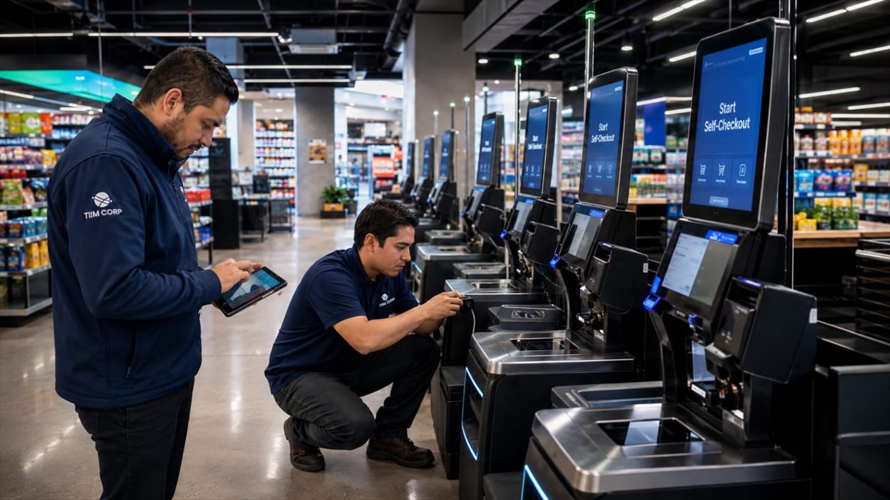 Técnicos validando puntos de venta y periféricos de cobro en una tienda
